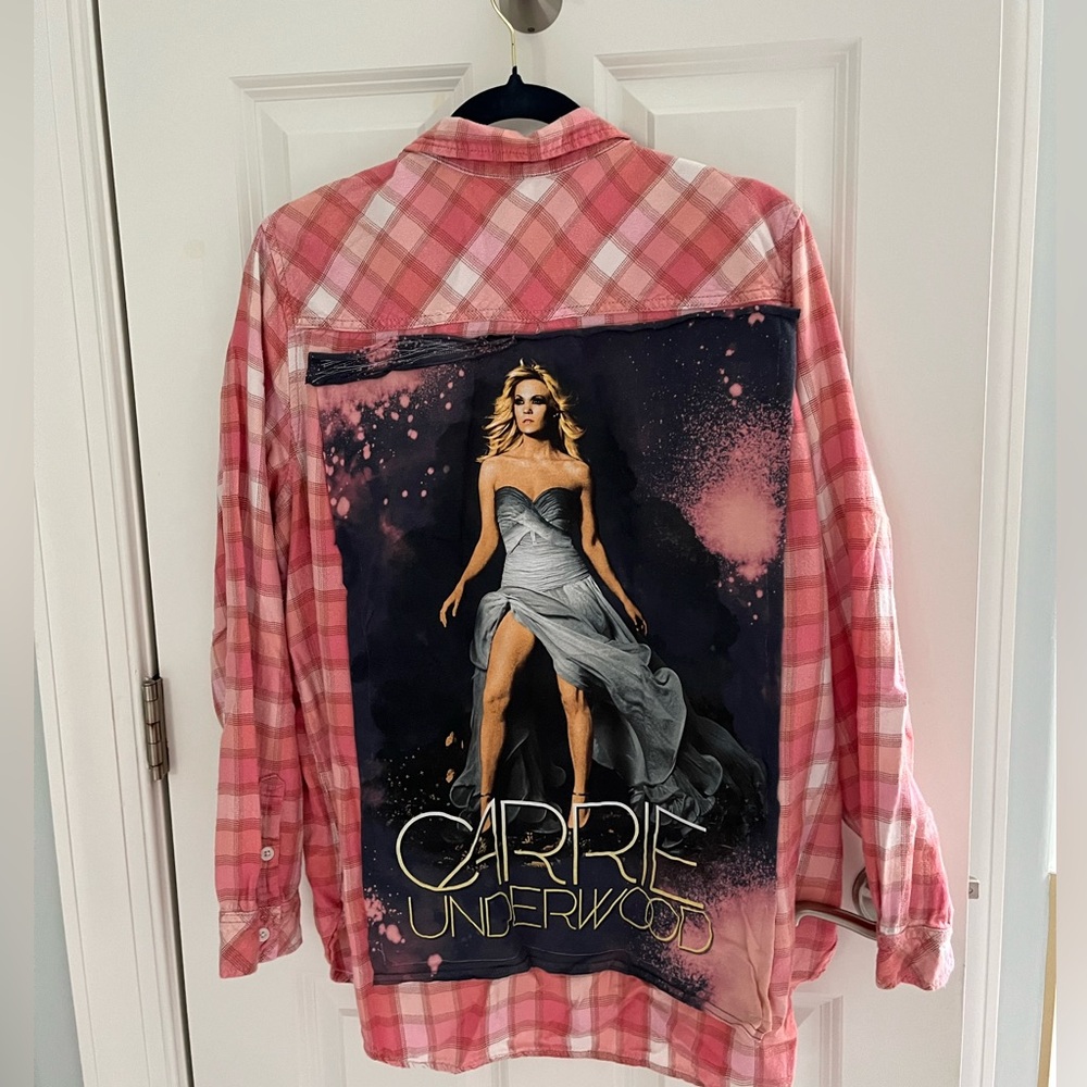 Custom Pink and White Carrie Underwood Band Tee Flannel - XL